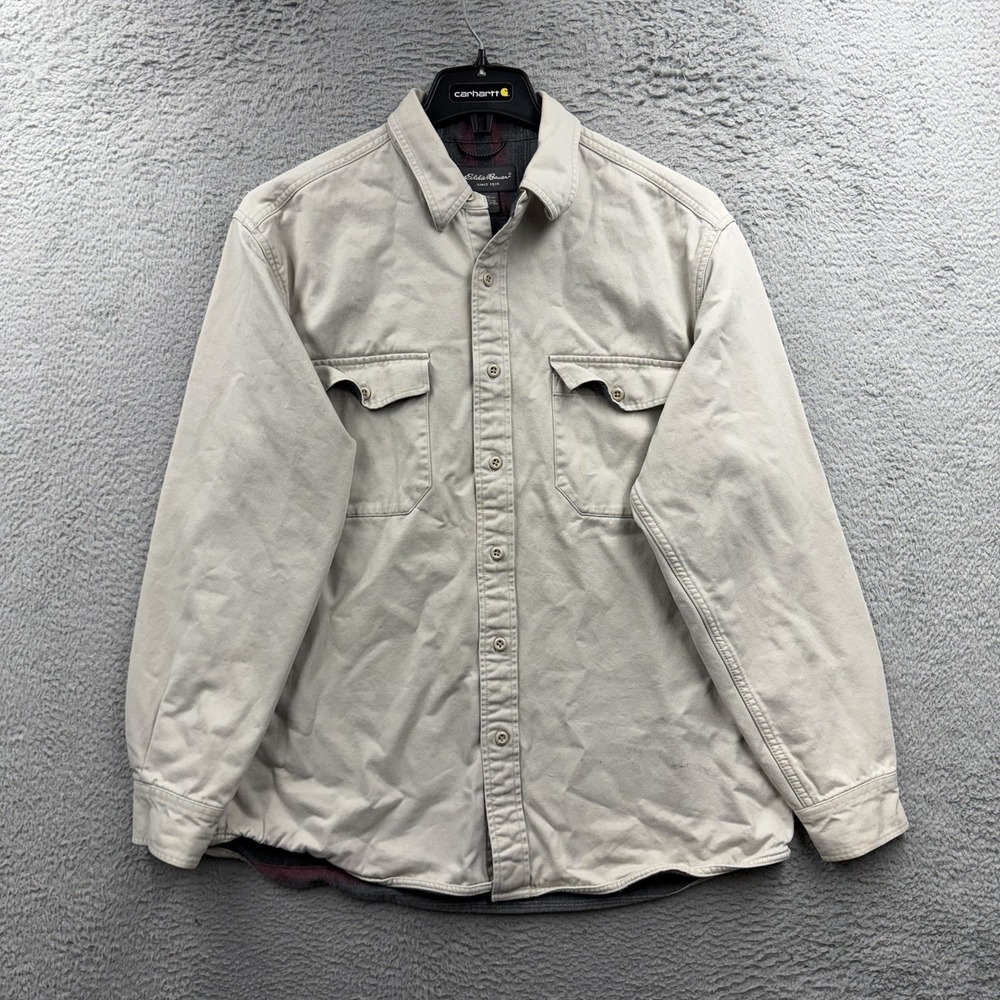 Eddie Bauer Mens M Tan Canvas Flannel Lined Shirt Jacket Plaid Workwear Shacket